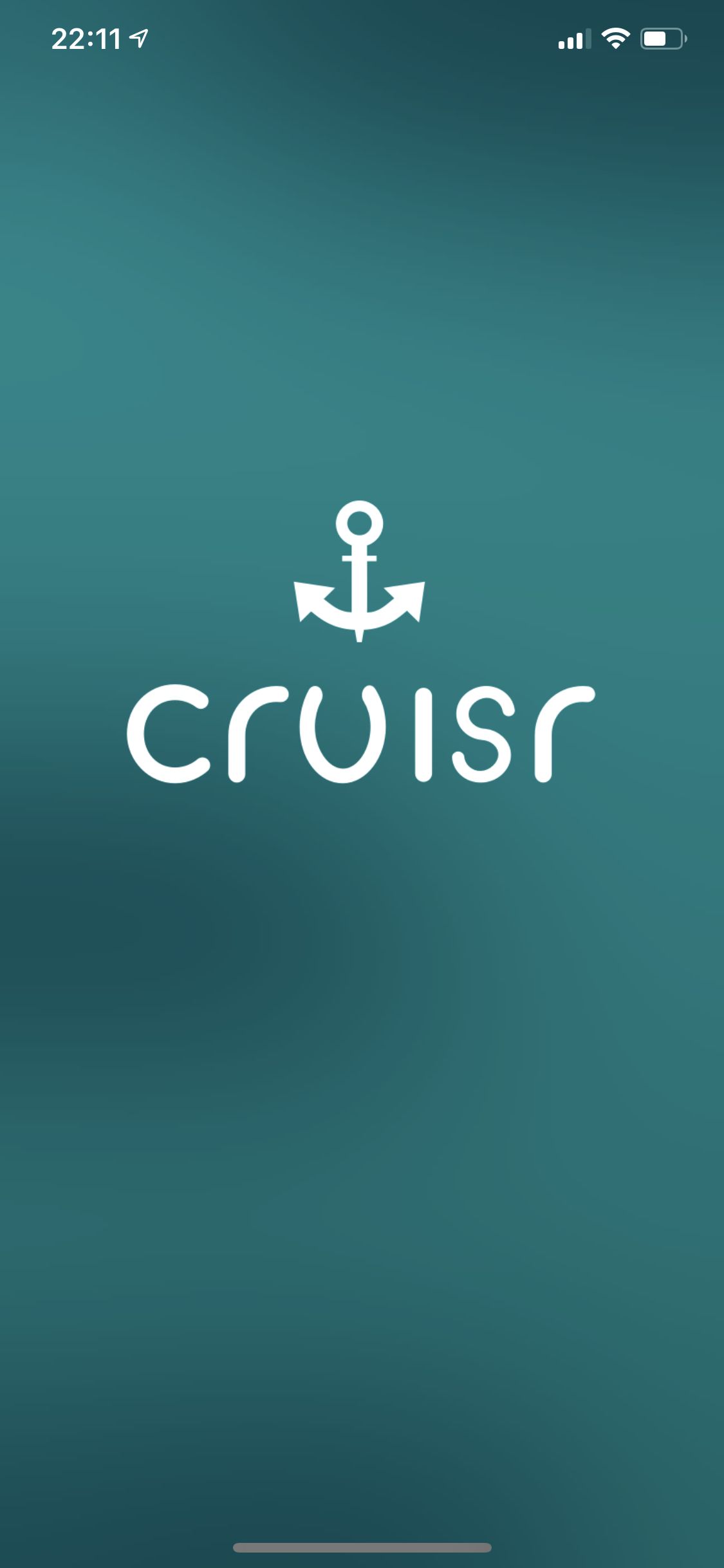 Cruisr prototype splash screen with a white anchor and wordmark on teal.