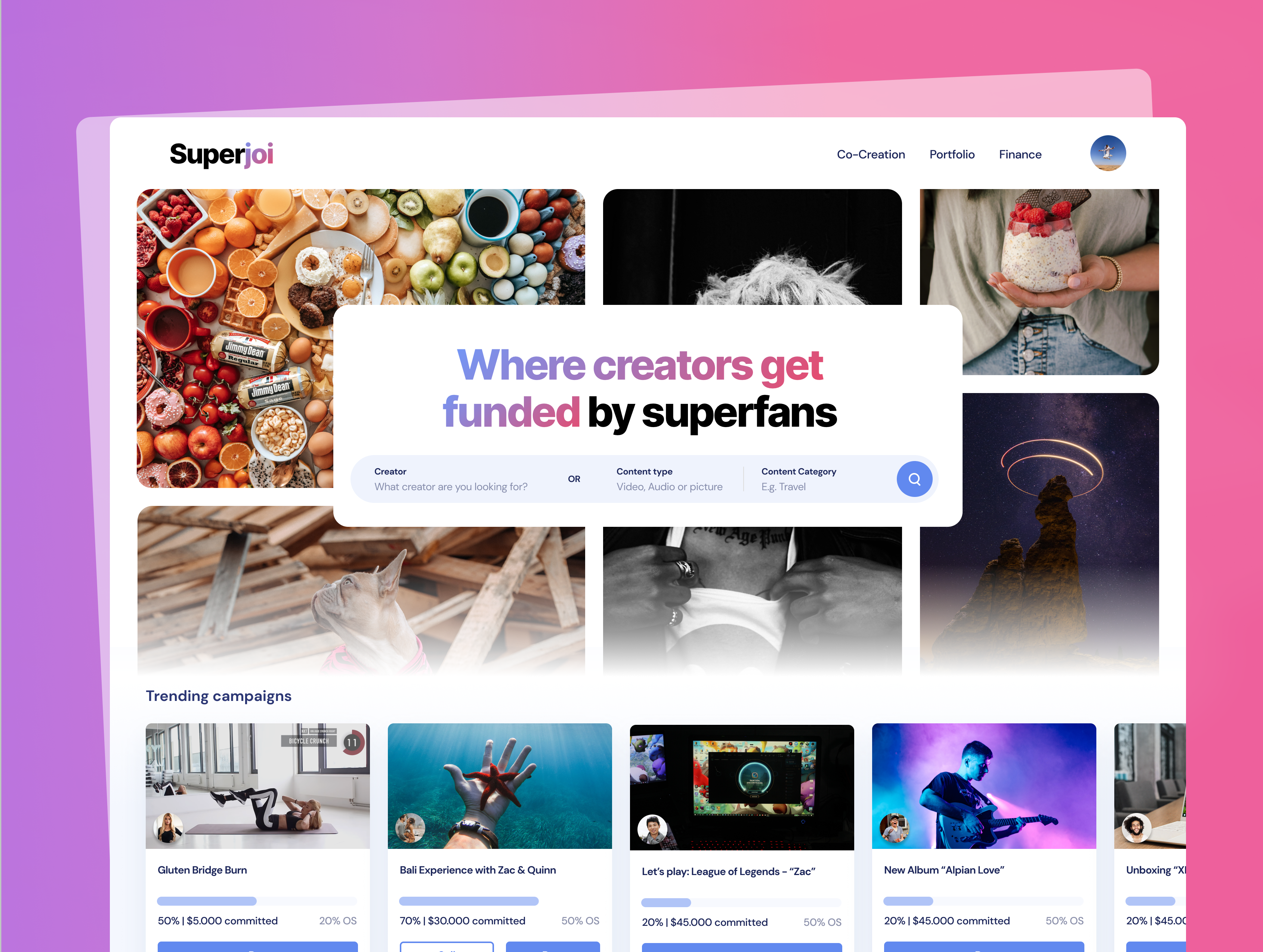 Superjoi dashboard concept with creator campaigns on a violet-to-pink backdrop