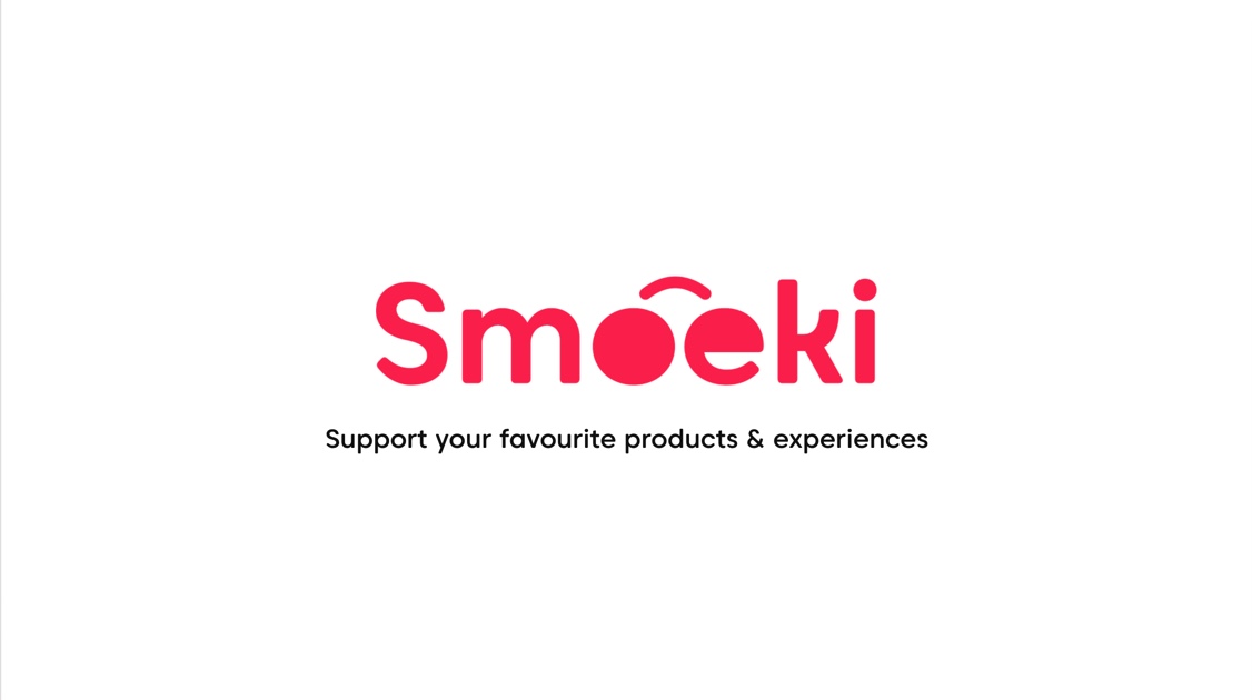 Early Smoeki wordmark and its slogan, Support your favourite products and experiences, on white.